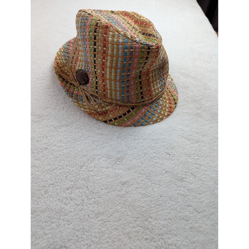 Panama Jack Multi Color Woven Straw Fedora Hat One Size Coconut Button Summer‎